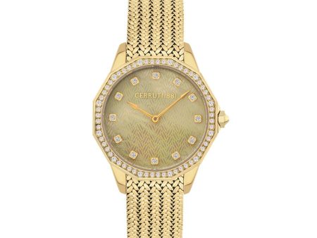 Cerruti Ladies Watch Gold Plated Case   Clera Stones Beigents With Mother Of Pearl Dial & Gold Plated Mesh Bracelet Online Sale