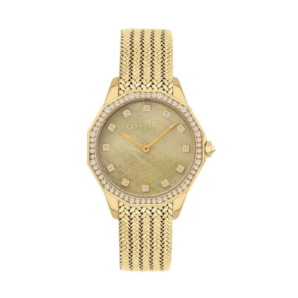 Cerruti Ladies Watch Gold Plated Case   Clera Stones Beigents With Mother Of Pearl Dial & Gold Plated Mesh Bracelet Online Sale