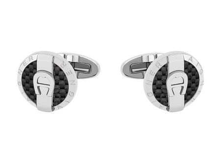 Aigner Cufflink Stainless Steel With Black Carbon Fiber & A Logo In The Middle   Aigner Brand Written On Sides Discount