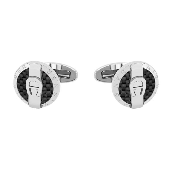 Aigner Cufflink Stainless Steel With Black Carbon Fiber & A Logo In The Middle   Aigner Brand Written On Sides Discount