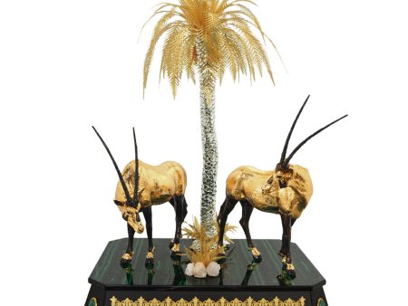 Goldline Oryxes Gold With Palm With Wood Malachite Base For Discount