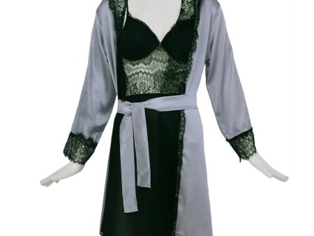 Jeremi Nightdress Satin Set Silver Black Large Supply