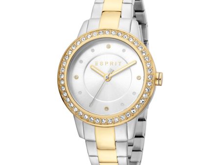 Esprit Ladies Two Tone Watch Silver Color Golden Bracelet White Dial With Stone Online Hot Sale