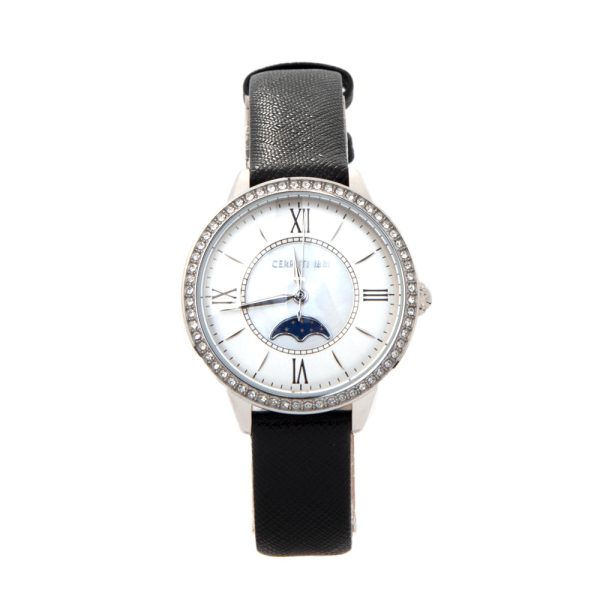 Cerruti Ladies WatchÂ With Mother Of Pearl Dial & Black Leather Strap Fashion