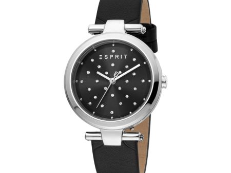 Esprit Ladies Watch Black Leather Strap Silver Color Case BlackÂ Dial With Stone For Sale