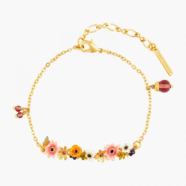 Les Nereides Romantic Flowers And Dangling Glass Beads Thin Bracelet Fashion