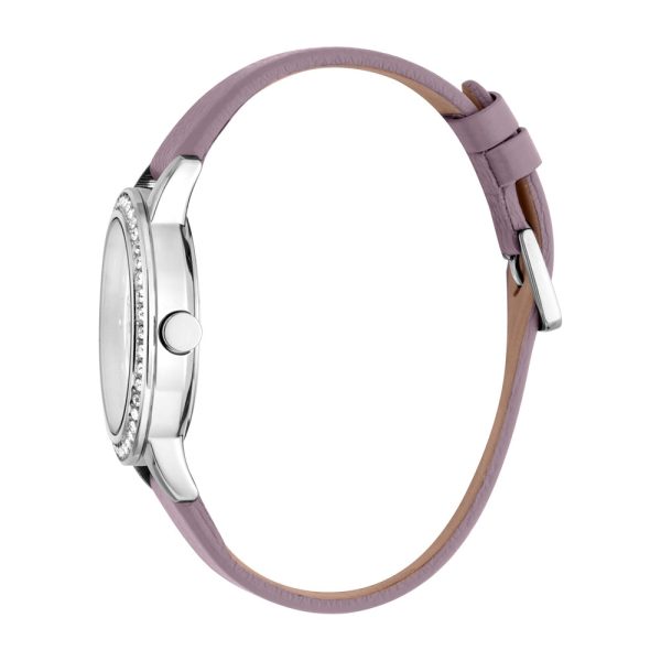 Esprit Ladies Watch Peach Strap Leather Silver Color Case With Stone White Dial Online Hot Sale