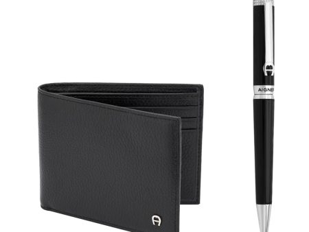 Aigner Set Pen + Wallet   Stainless Steel Pen Silver With Black & Black Wallet Cheap