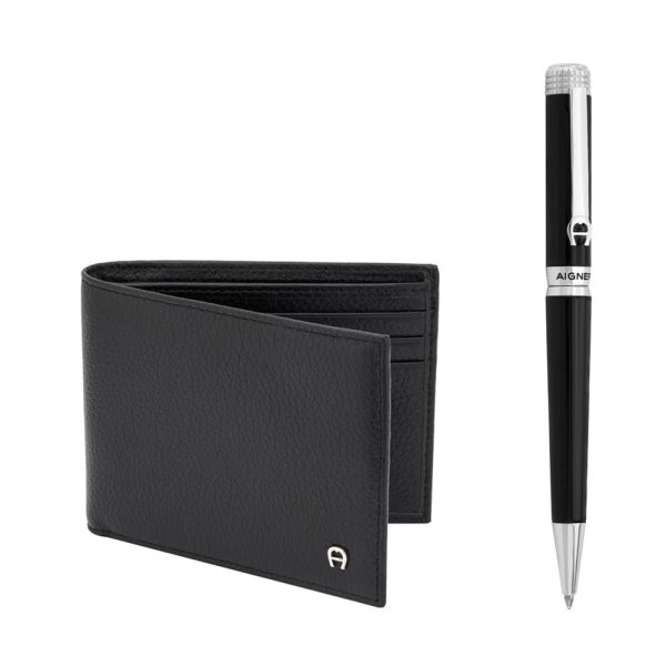 Aigner Set Pen + Wallet   Stainless Steel Pen Silver With Black & Black Wallet Cheap