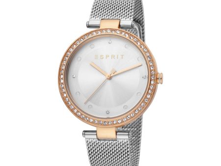 Esprit Ladies Watch Silver Color Mesh Bracelet With Stone White Dial Fashion