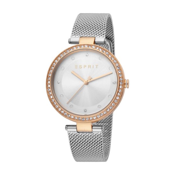 Esprit Ladies Watch Silver Color Mesh Bracelet With Stone White Dial Fashion