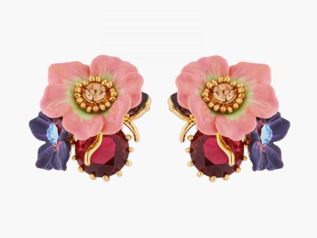 Les Nereides Rose And Apple Blossoms On Faceted Stone Stud Earrings For Sale