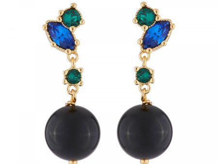 Les Nereides Dangling Stud Earrings With Onyx Pearl And Green And Blue Rhinestones Online Hot Sale